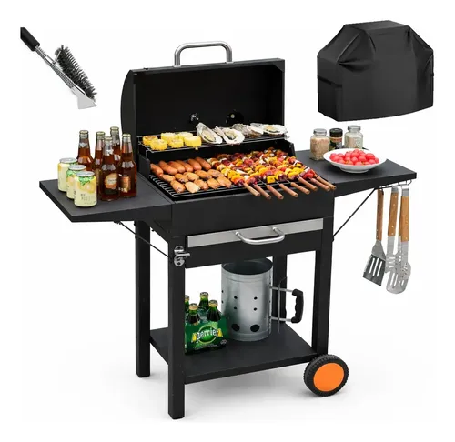 Parrilla Asador Carbón De móvil Con Ruedas Acero Inoxidable Medidor De Temperatura Integrado 4 Reguladores De Ventilación y Mesa Auxiliar Incluye