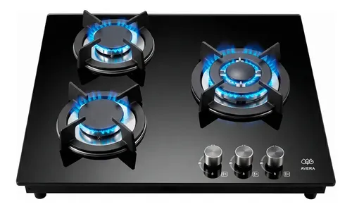 Parrilla de gas 3 quemadores Premium, Superficie vidrio templado 60 cm, Soportes de Hierro fundido, Encendido Electronico, Estufa Empotrable