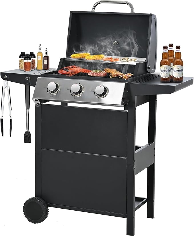 Parrilla de gas de acero inoxidable de 30.000 BTU para patio, jardín, barbacoa, parrilla de propano de 3 quemadores con tapa de cubierta