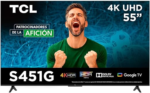 TCL Smart TV Pantalla 55" 55S451G Google TV 4K UHD Ultra HD HDR 10 270 NITS 60 Hz Dolby Audio Digital + Compatible con Alexa