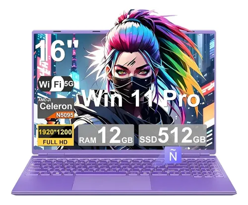 Laptop Ultrabook Aocwei A6 Intel Celeron N5095 16" Full HD 12 GB RAM 512 GB SSD Violeta con Mouse y Protector de Teclado